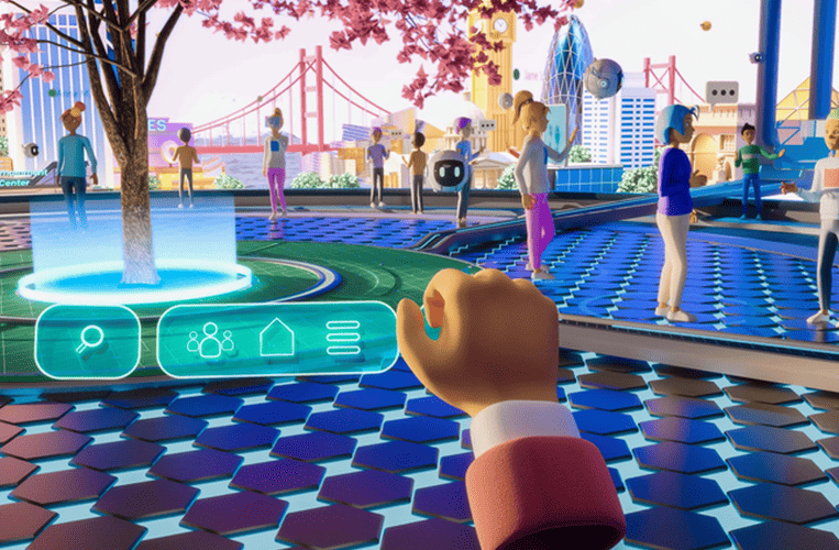 A cheerful avatar plaza in the metaverse with a glowing control menu