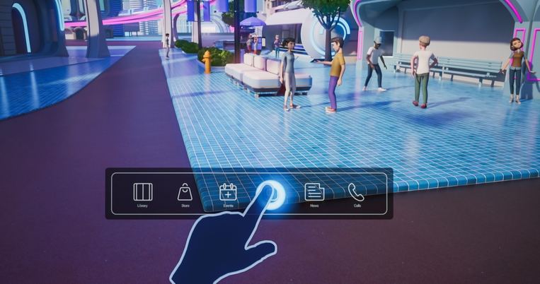 A hand tapping a glowing in-world menu
