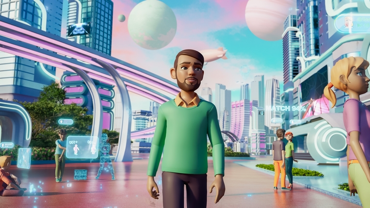 A green-sweatered avatar in a futuristic city