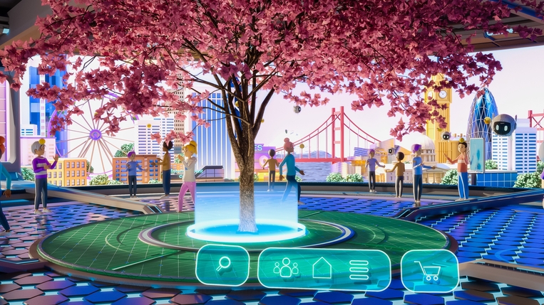 A sunny plaza with a glowing tree and avatars
