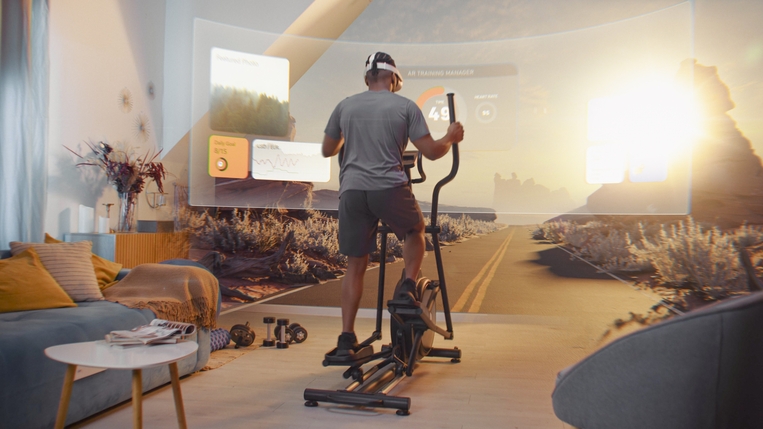 An avatar exercising in a bright living room