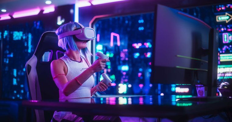 A gamer with a headset in a neon room