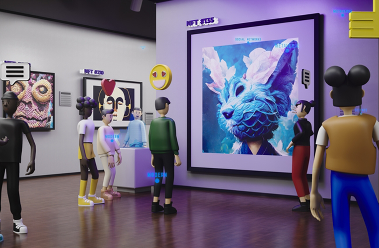 Avatars admiring an artwork in a digital museum