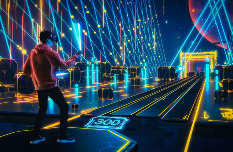 A player on a neon XR racing track