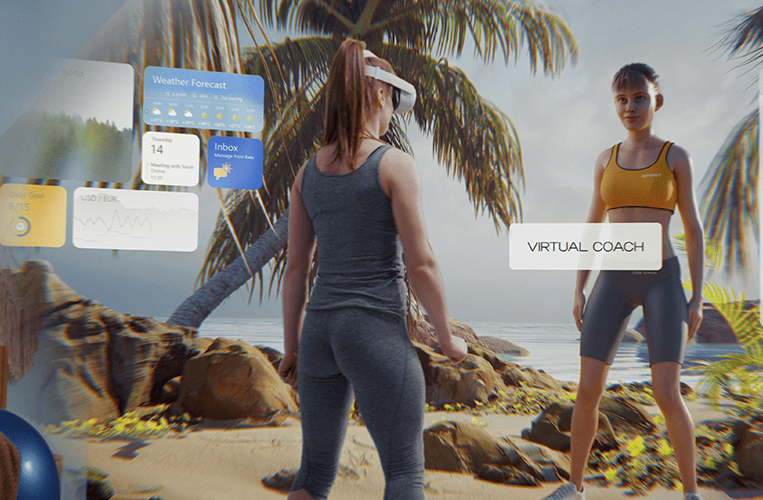 Avatars on a sunny wellness beach with a virtual coach