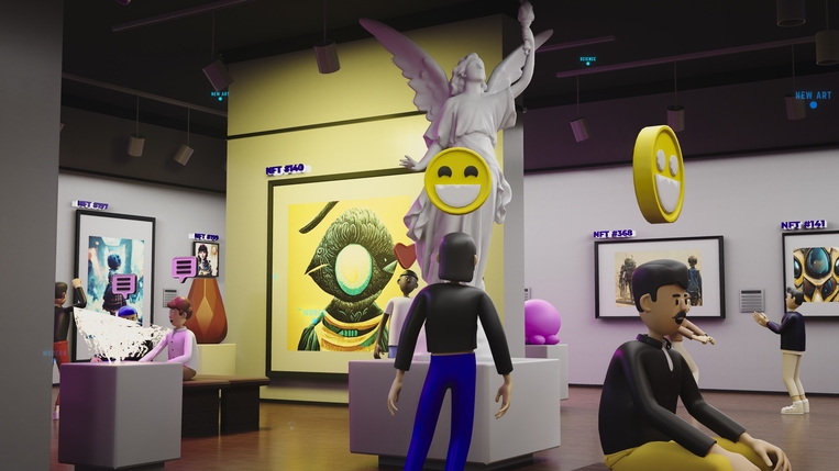 A statue and avatars in a museum wing