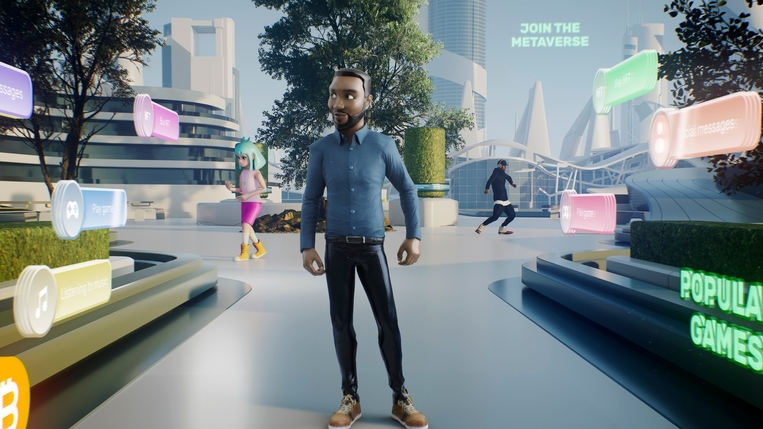 An avatar in a plaza beside a popular games sign